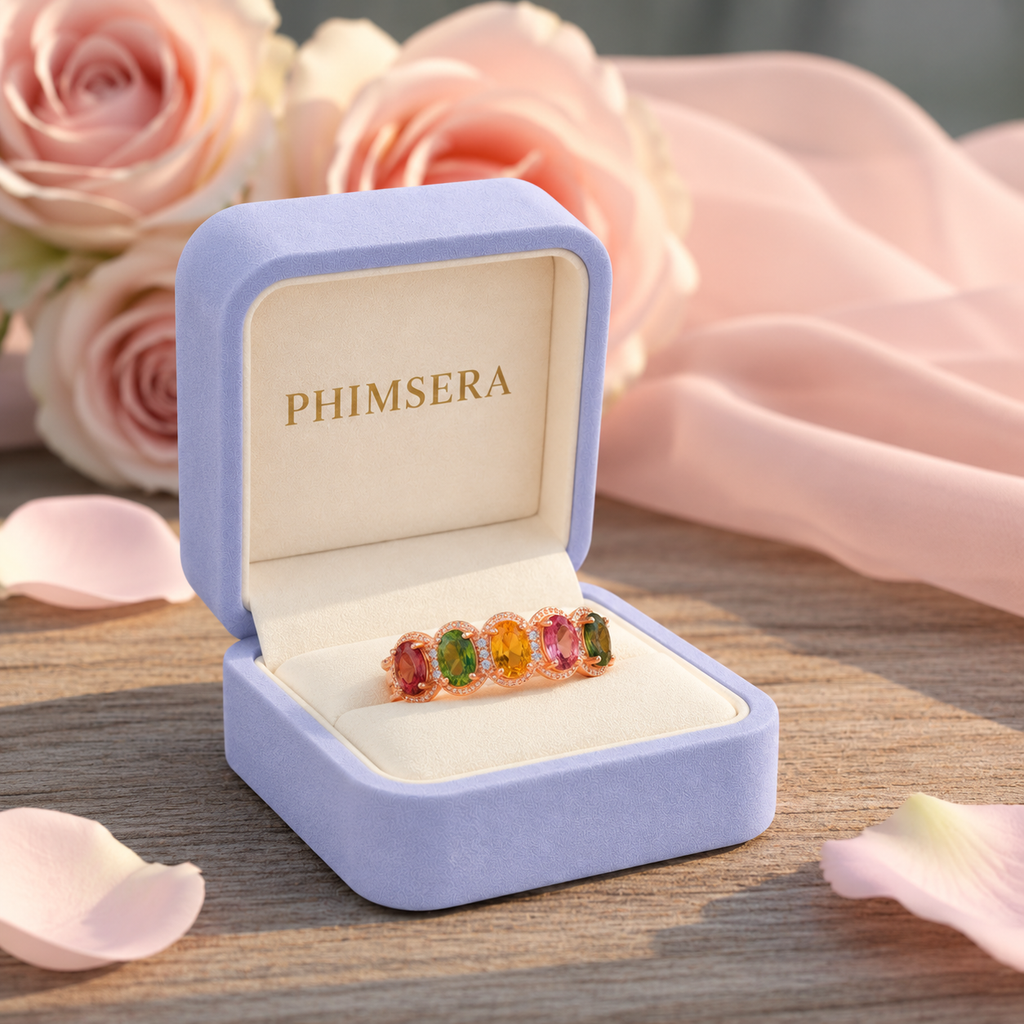 Natural Multi Tourmaline Statement Ring with 4x6mm oval colorful gemstones and cubic zirconia accents in 925 sterling silver with platinum plated finish by PHIMSERA