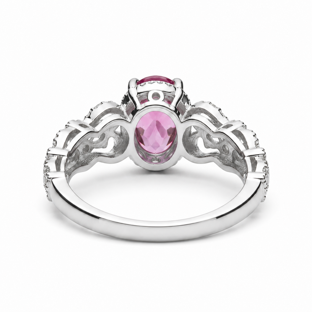 Natural Brazilian Pink Tourmaline Vintage Halo Ring with 4x6mm oval gemstone and cubic zirconia accents in 925 sterling silver with platinum plated finish by PHIMSERA