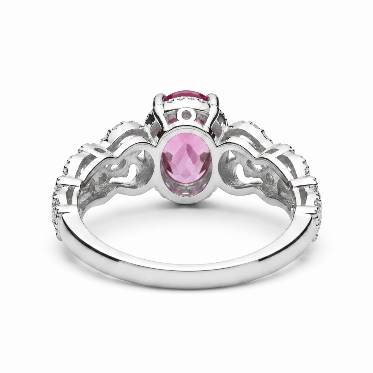 Natural Brazilian Pink Tourmaline Vintage Halo Ring with 4x6mm oval gemstone and cubic zirconia accents in 925 sterling silver with platinum plated finish by PHIMSERA