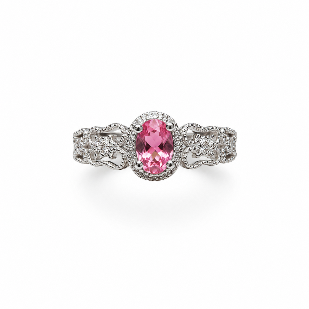 Natural Brazilian Pink Tourmaline Vintage Halo Ring with 4x6mm oval gemstone and cubic zirconia accents in 925 sterling silver with platinum plated finish by PHIMSERA