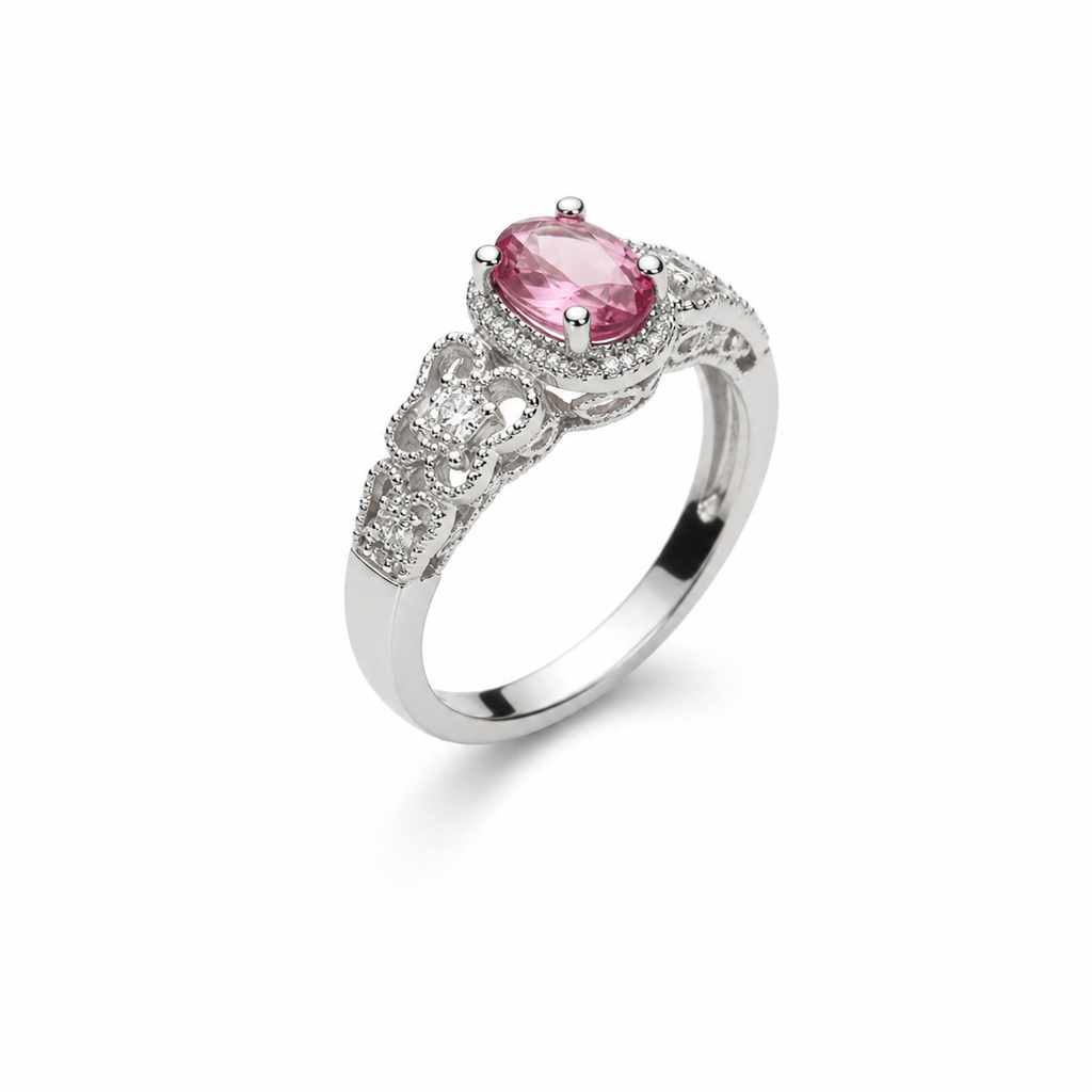 Natural Brazilian Pink Tourmaline Vintage Halo Ring with 4x6mm oval gemstone and cubic zirconia accents in 925 sterling silver with platinum plated finish by PHIMSERA