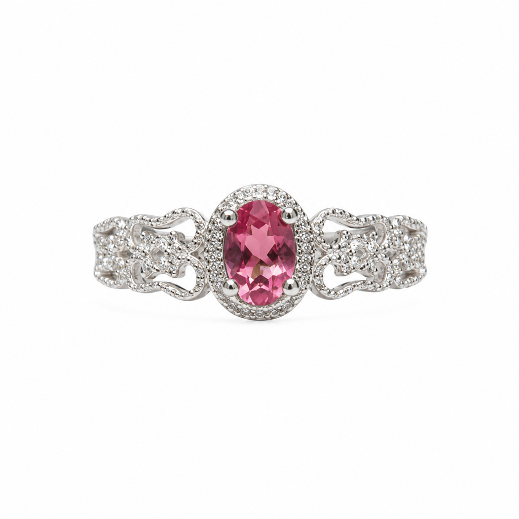 Natural Brazilian Pink Tourmaline Vintage Halo Ring with 4x6mm oval gemstone and cubic zirconia accents in 925 sterling silver with platinum plated finish by PHIMSERA