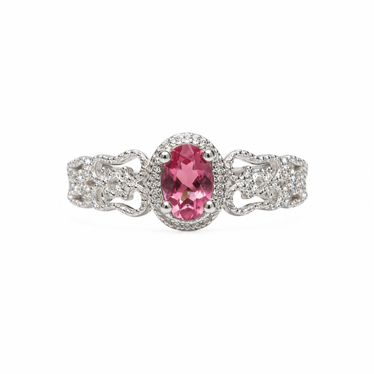 Natural Brazilian Pink Tourmaline Vintage Halo Ring with 4x6mm oval gemstone and cubic zirconia accents in 925 sterling silver with platinum plated finish by PHIMSERA
