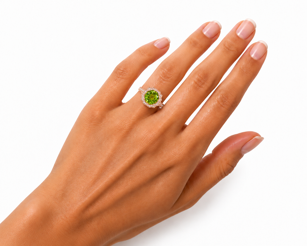 Natural Peridot Gemstone Ring 9mm 3.5CT, August Birthstone Peridot Ring Sterling