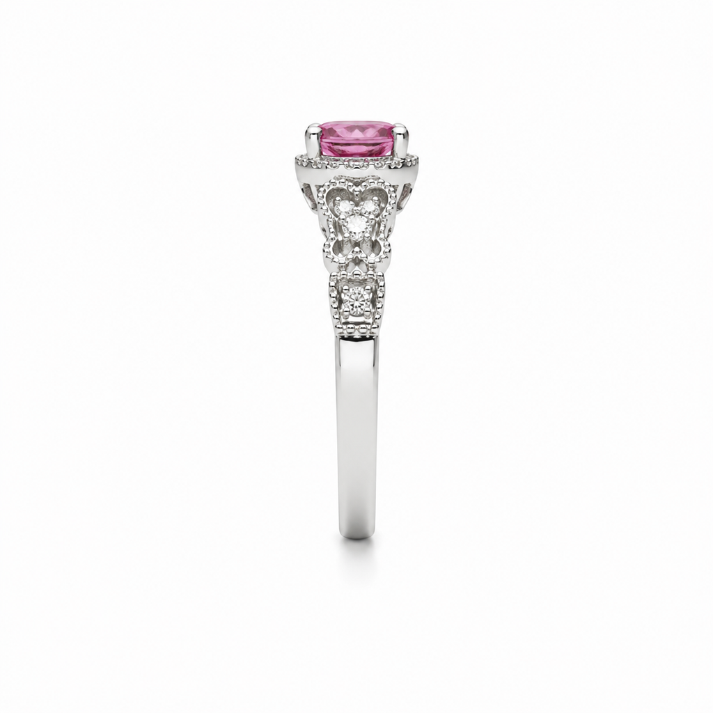 Natural Brazilian Pink Tourmaline Vintage Halo Ring with 4x6mm oval gemstone and cubic zirconia accents in 925 sterling silver with platinum plated finish by PHIMSERA