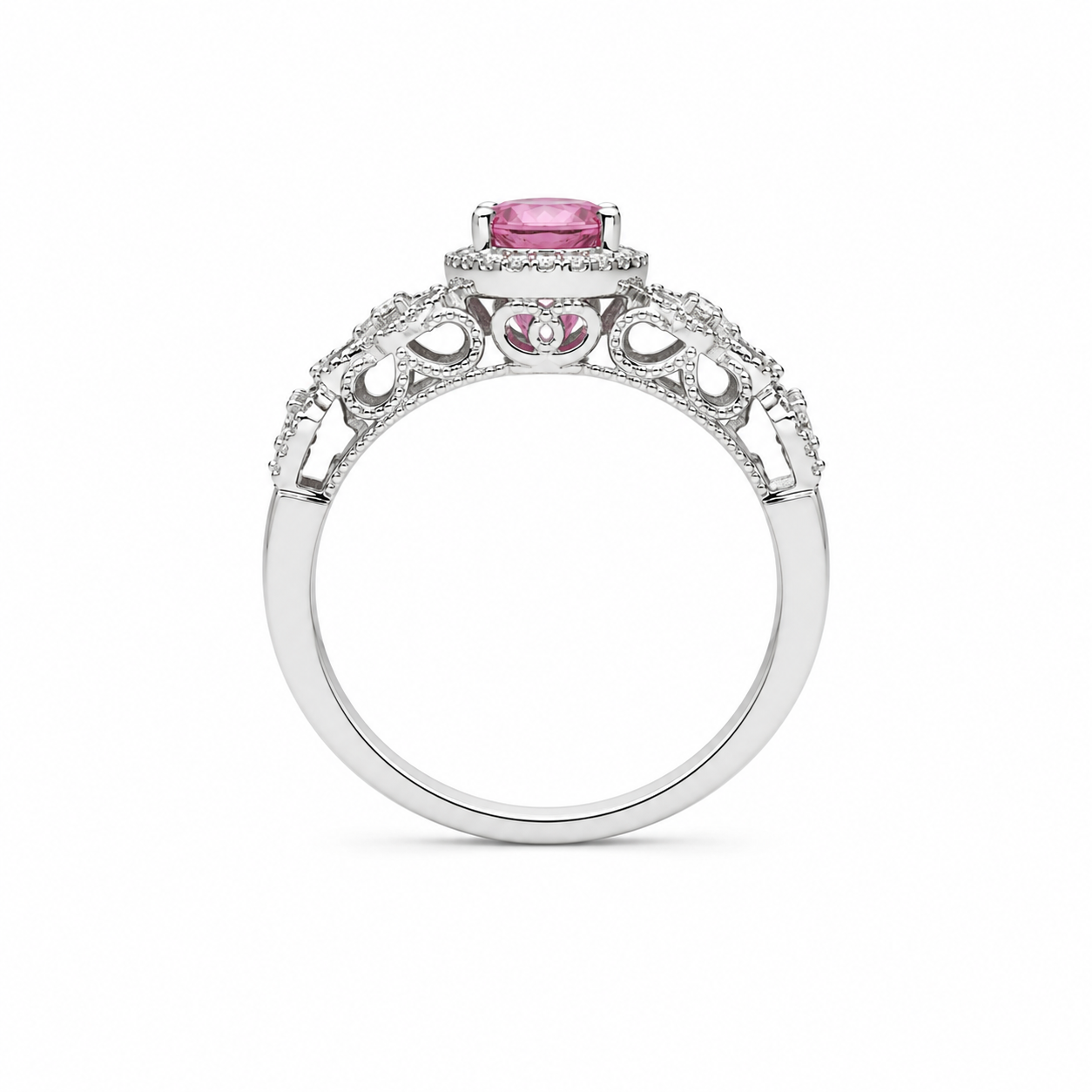 Natural Brazilian Pink Tourmaline Vintage Halo Ring with 4x6mm oval gemstone and cubic zirconia accents in 925 sterling silver with platinum plated finish by PHIMSERA
