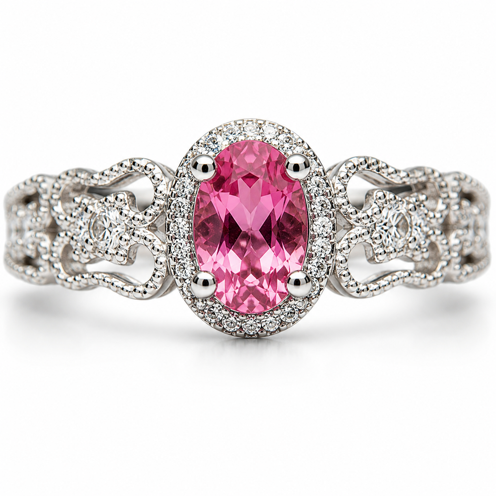 Natural Brazilian Pink Tourmaline Vintage Halo Ring with 4x6mm oval gemstone and cubic zirconia accents in 925 sterling silver with platinum plated finish by PHIMSERA