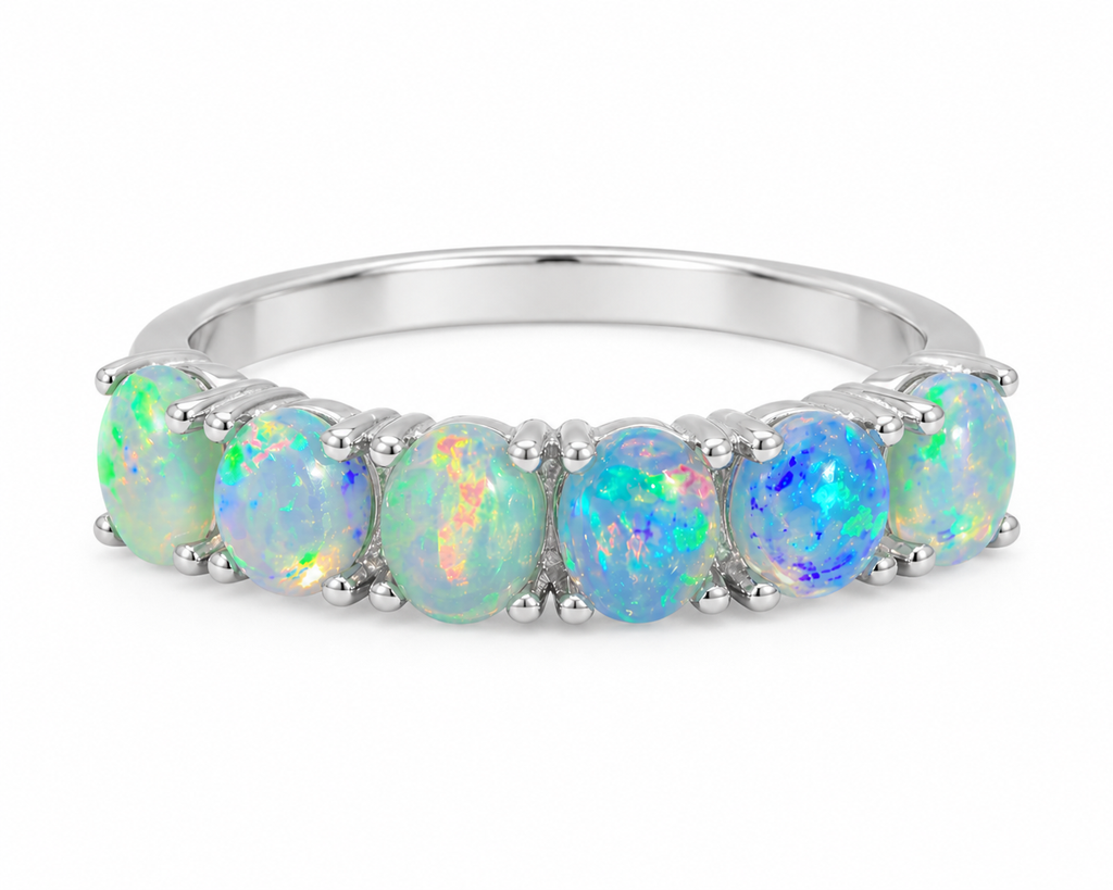 Australian Opal Band Ring 3x4mm Sterling Silver