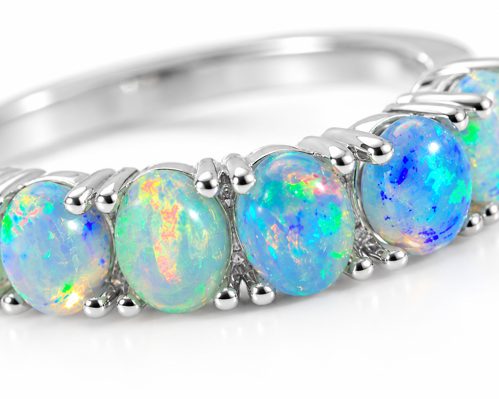 Australian Opal Band Ring 3x4mm Sterling Silver