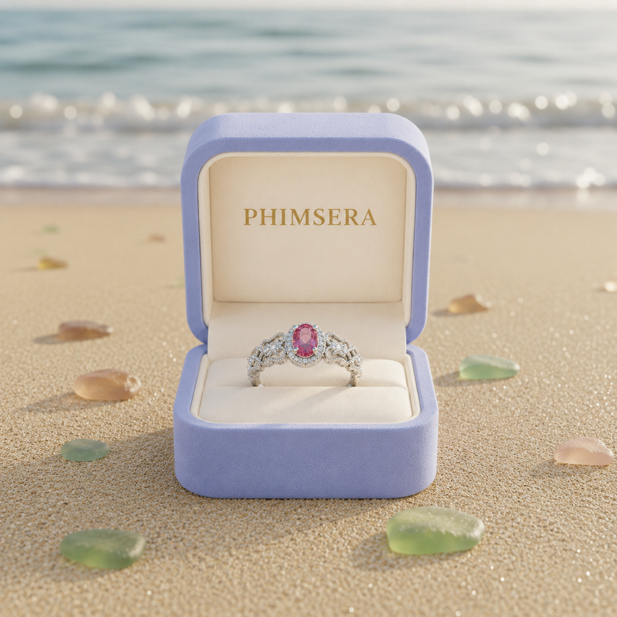 Natural Brazilian Pink Tourmaline Vintage Halo Ring with 4x6mm oval gemstone and cubic zirconia accents in 925 sterling silver with platinum plated finish by PHIMSERA