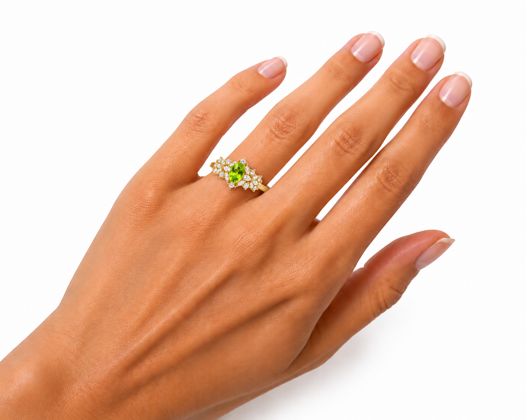 Natural Peridot Gemstone Statement Ring 5x7mm, August Birthstone Peridot Ring