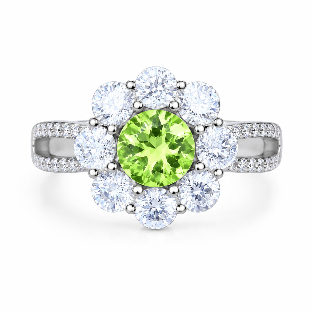 Natural Peridot Halo Ring 5mm Round August Birthstone 925 Sterling Silver CZ