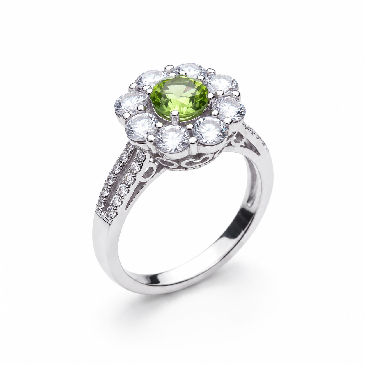 Natural Peridot Halo Ring 5mm Round August Birthstone 925 Sterling Silver CZ