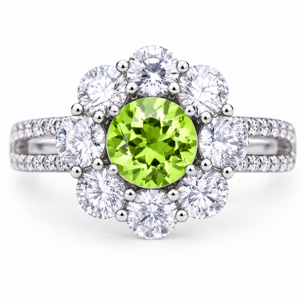 Natural Peridot Halo Ring 5mm Round August Birthstone 925 Sterling Silver CZ