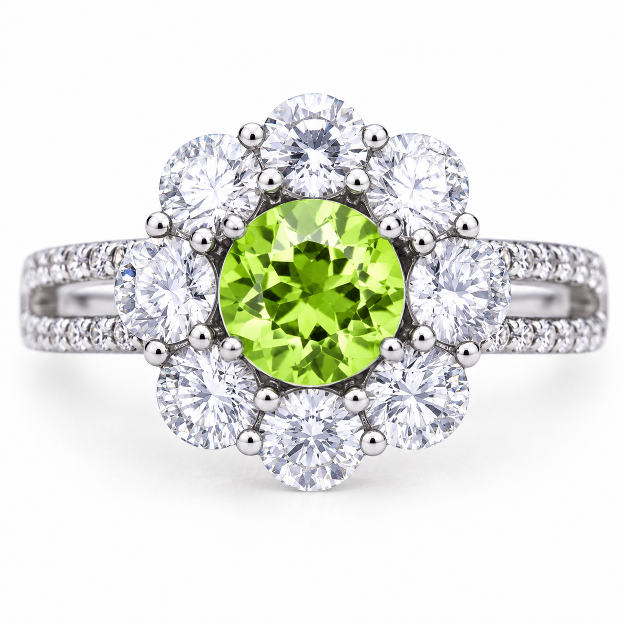 Natural Peridot Halo Ring 5mm Round August Birthstone 925 Sterling Silver CZ