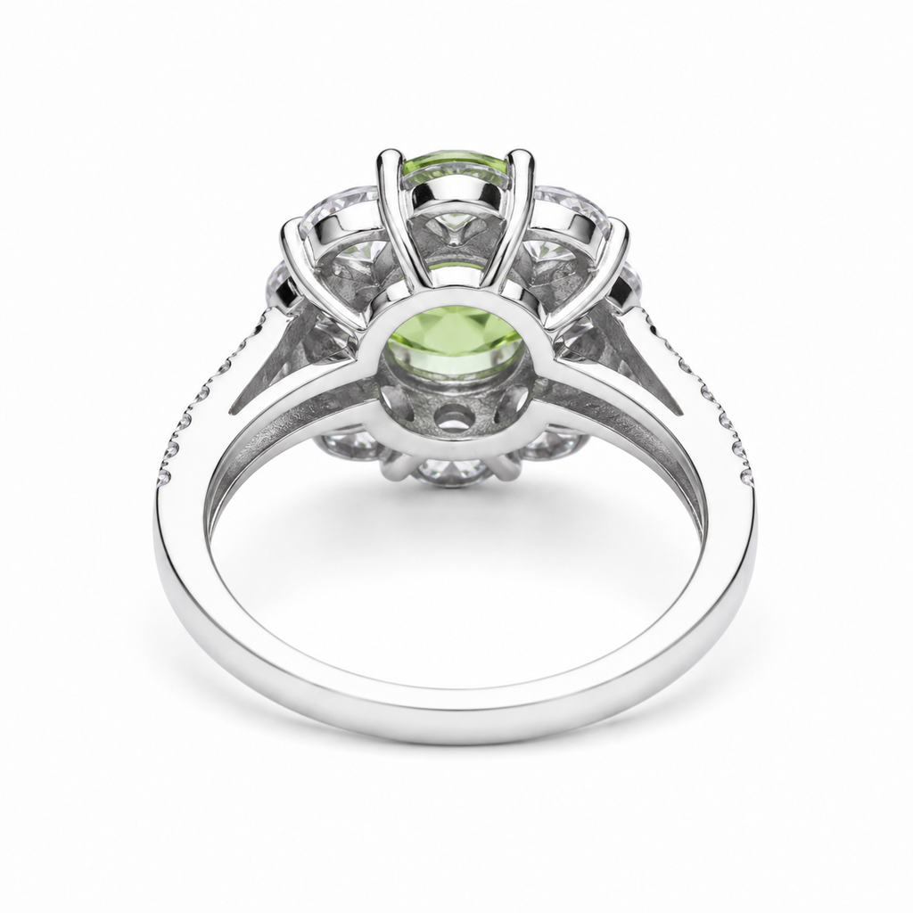 Natural Peridot Halo Ring 5mm Round August Birthstone 925 Sterling Silver CZ