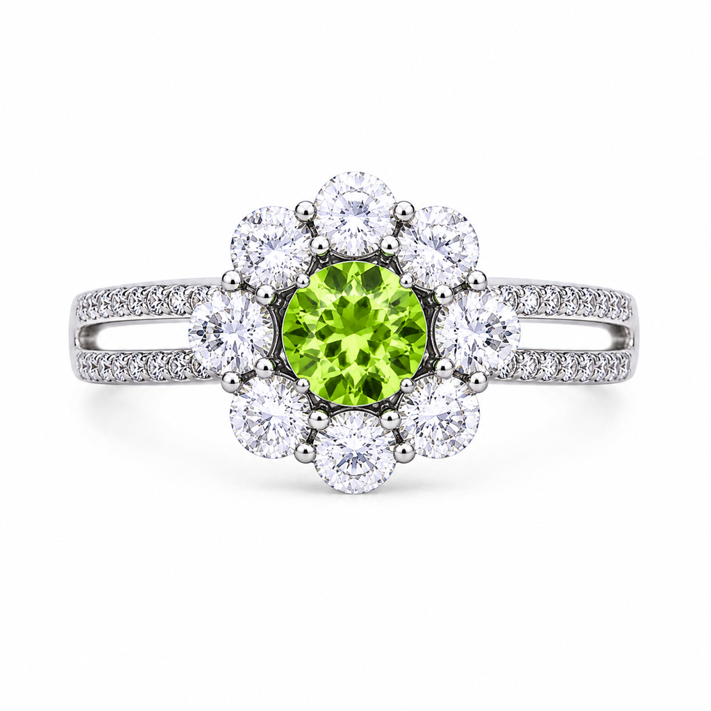 Natural Peridot Halo Ring 5mm Round August Birthstone 925 Sterling Silver CZ