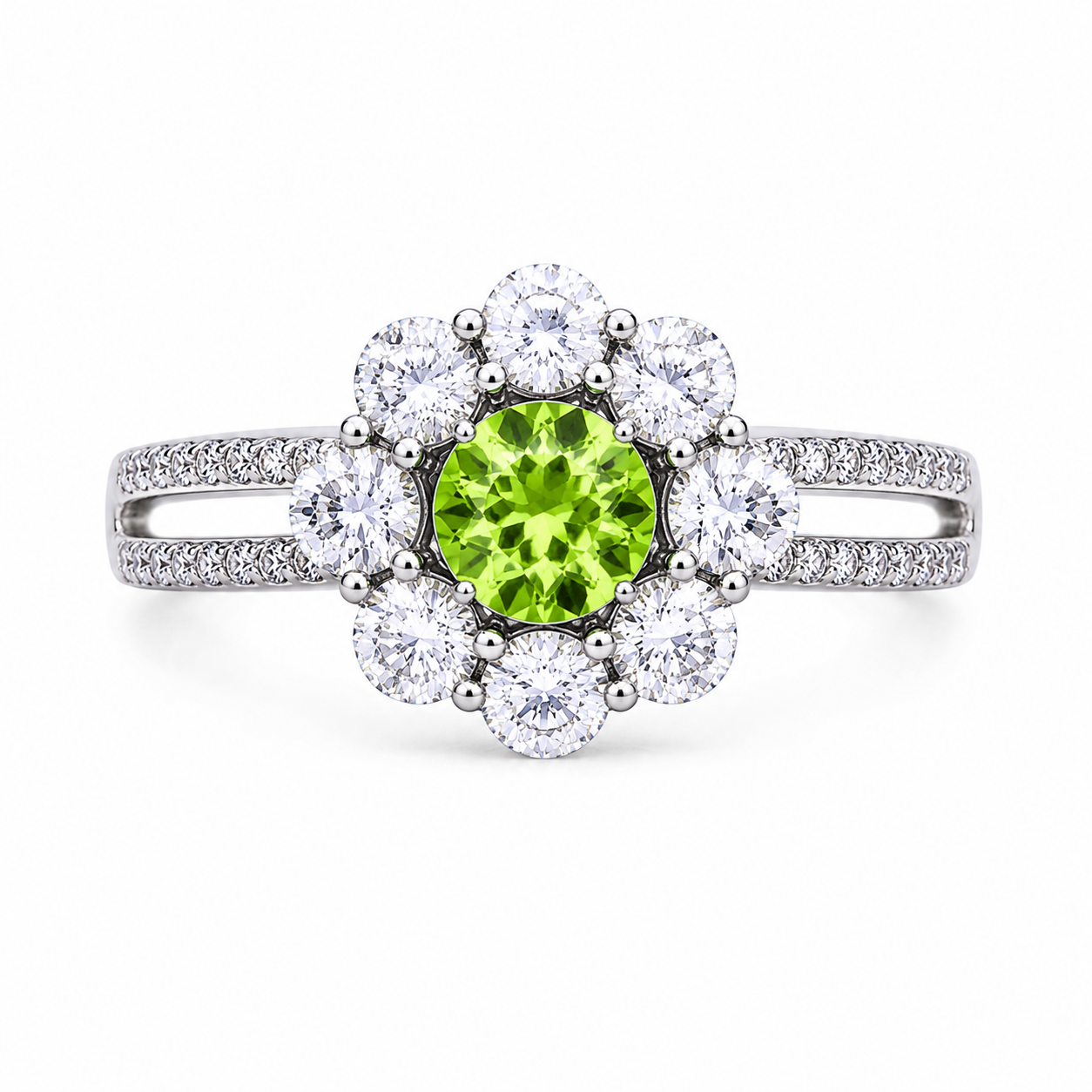 Natural Peridot Halo Ring 5mm Round August Birthstone 925 Sterling Silver CZ