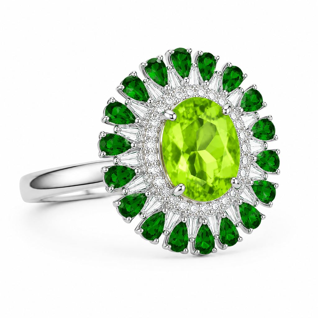 Oval Cut Peridot and Chrome Diopside Statement Ring, Chrome Diopside and Peridot
