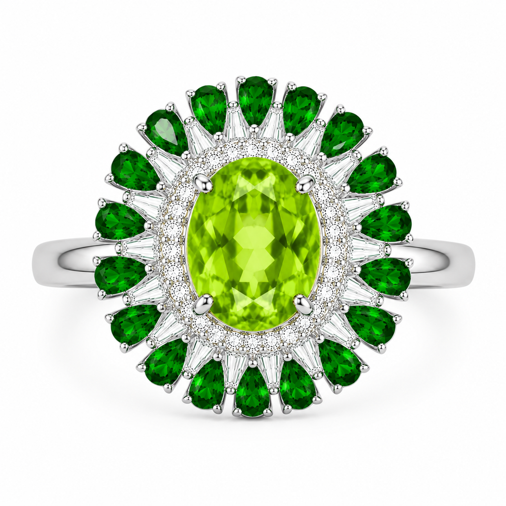 Oval Cut Peridot and Chrome Diopside Statement Ring, Chrome Diopside and Peridot
