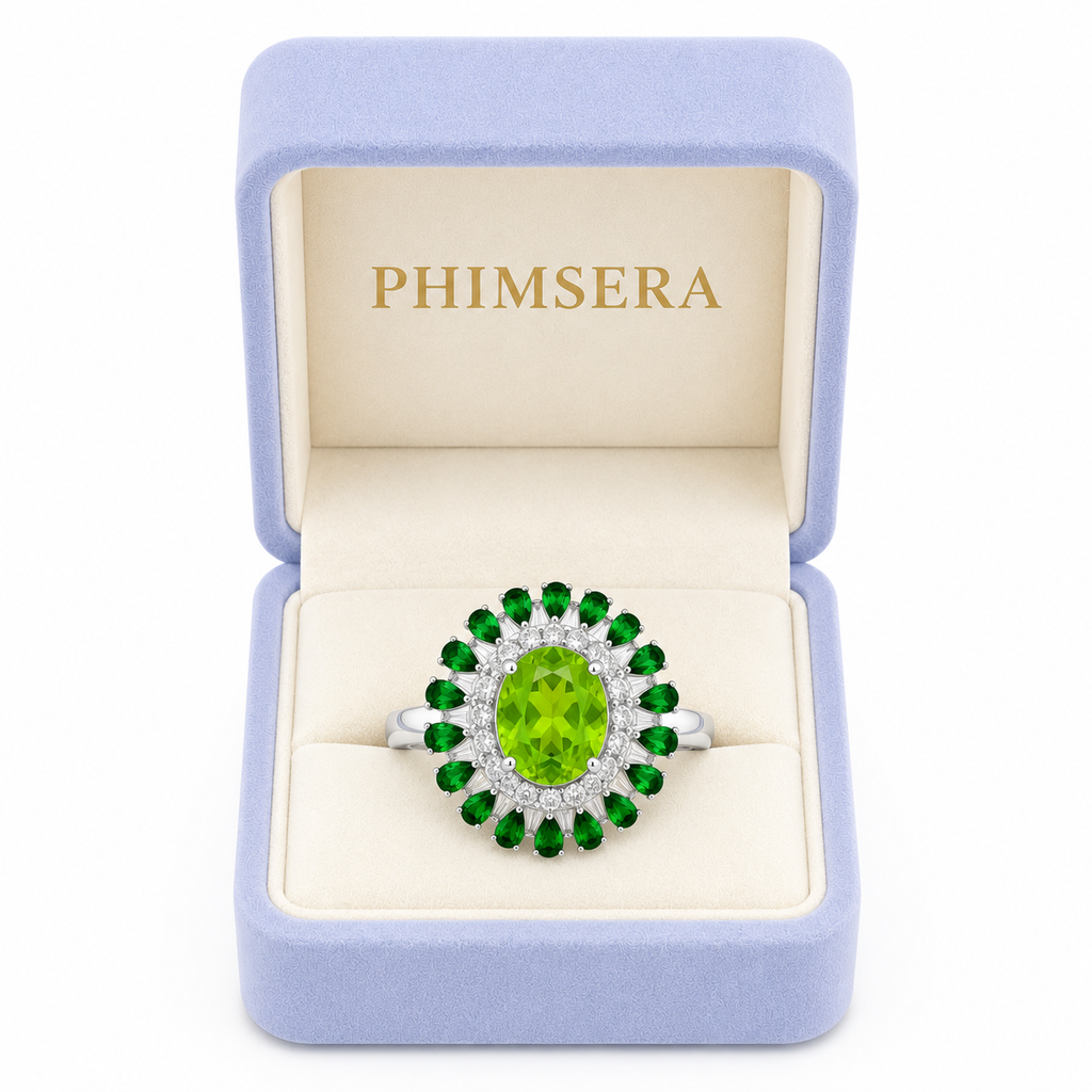 Oval Cut Peridot and Chrome Diopside Statement Ring, Chrome Diopside and Peridot