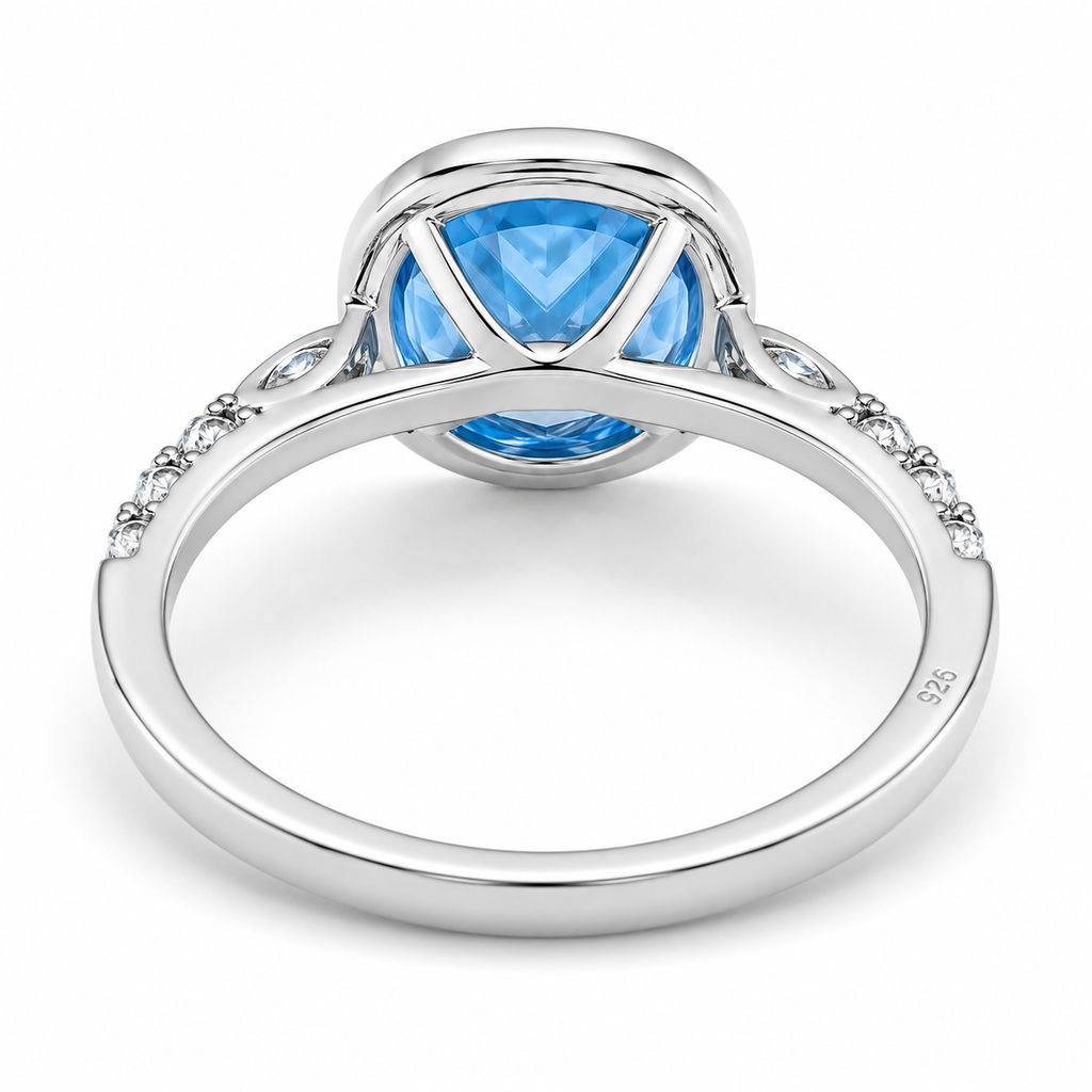 Natural Blue Topaz Ring 6x8mm 1.6CT 925 Sterling Silver