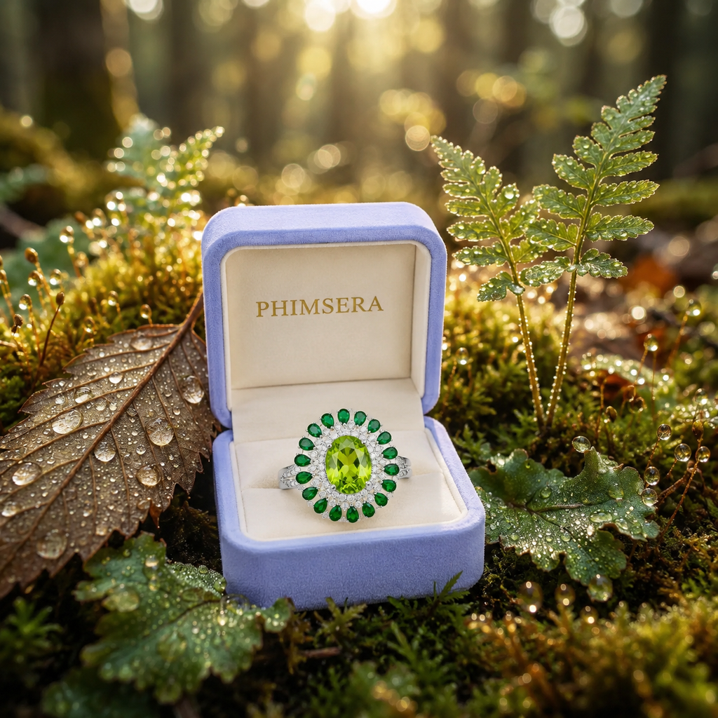 Oval Cut Peridot and Chrome Diopside Statement Ring, Chrome Diopside and Peridot