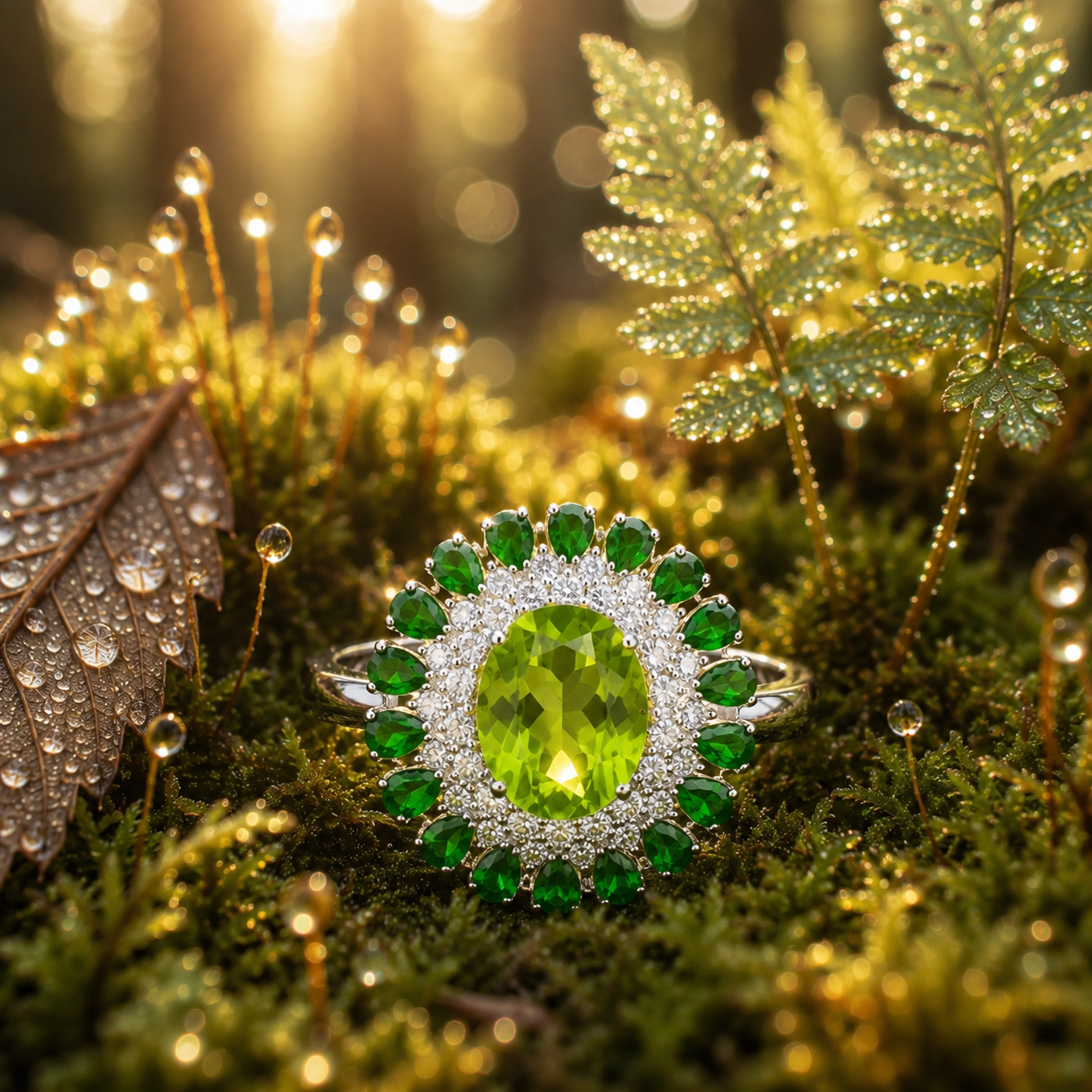 Oval Cut Peridot and Chrome Diopside Statement Ring, Chrome Diopside and Peridot