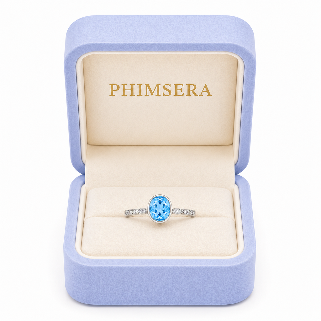 Natural Blue Topaz Ring 6x8mm 1.6CT 925 Sterling Silver