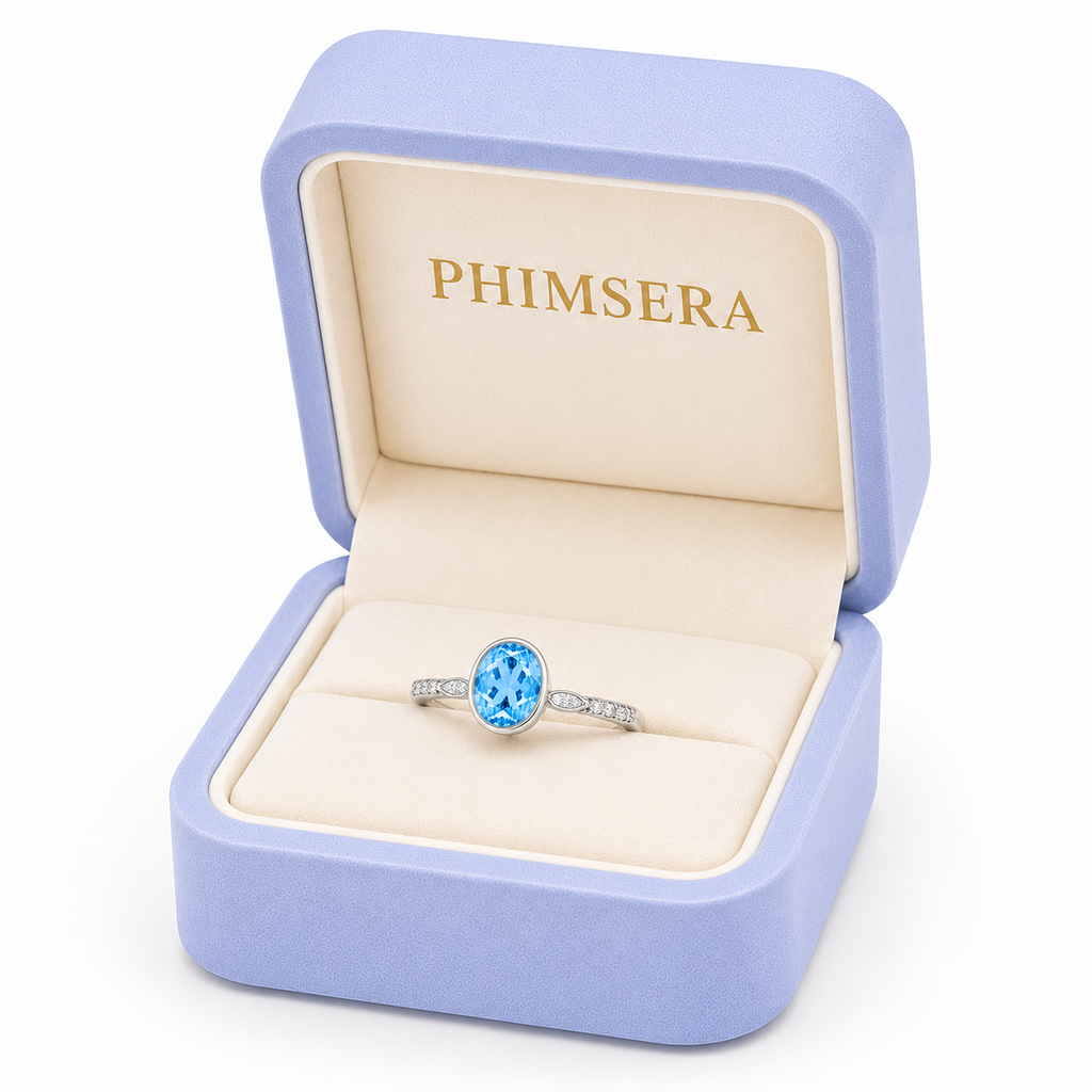 Natural Blue Topaz Ring 6x8mm 1.6CT 925 Sterling Silver