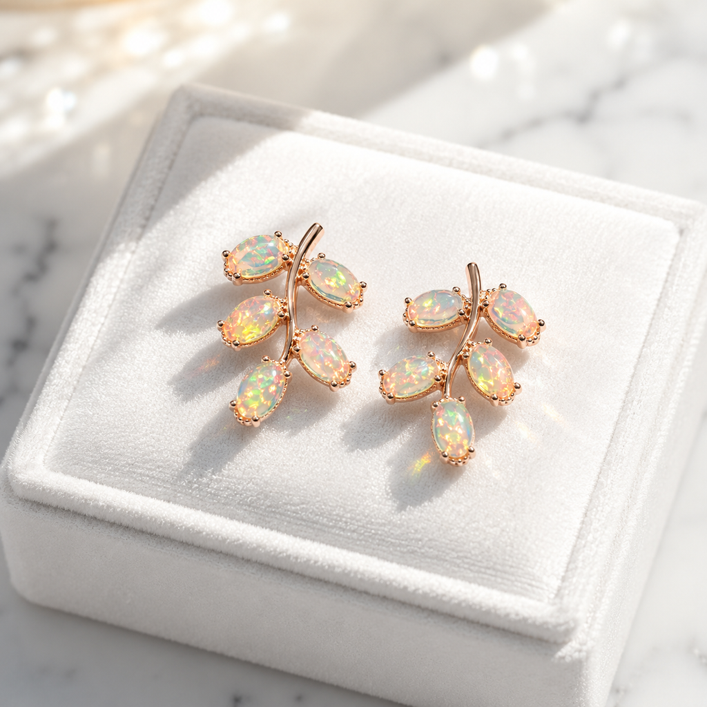 Natural Fire Opal Leaf Stud Earrings 925 Sterling Silver