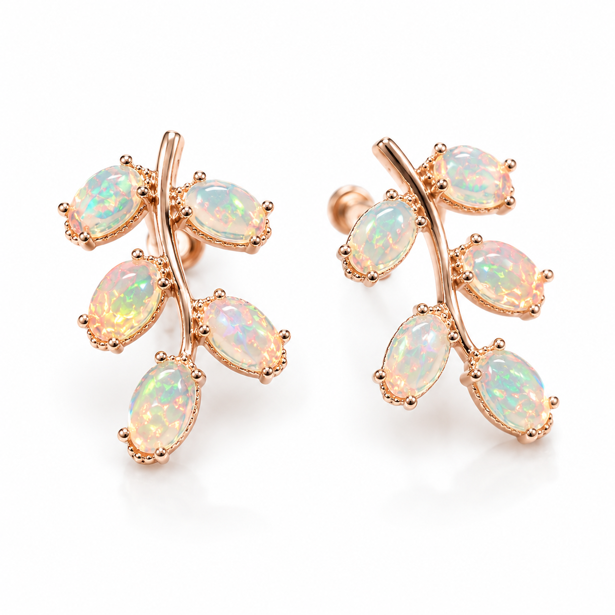 Natural Fire Opal Leaf Stud Earrings 925 Sterling Silver