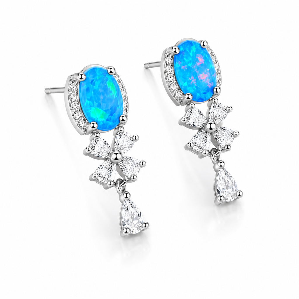 Blue Opal Banquet Stud Earrings, Natural Blue Fire Opal Stud Earrings 5x7mm