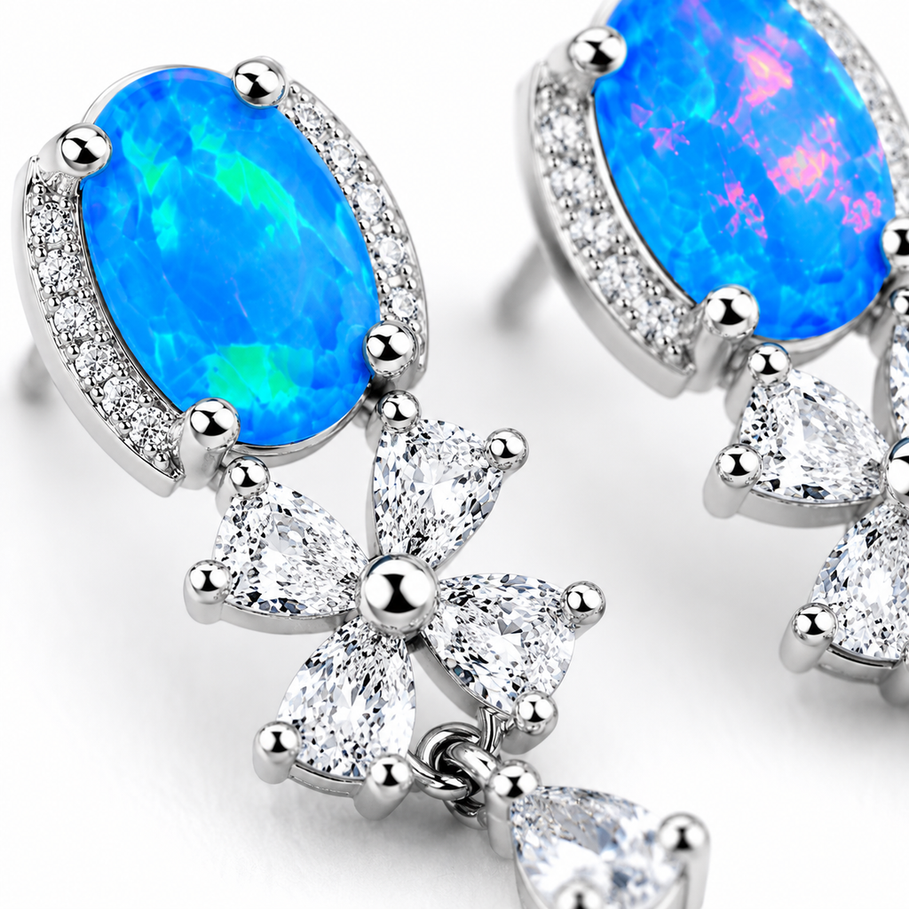 Blue Opal Banquet Stud Earrings, Natural Blue Fire Opal Stud Earrings 5x7mm