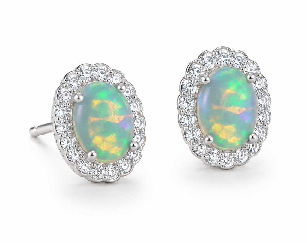 Colorful Fire Opal Stud Earrings, Australian Opal Stud Earrings Sterling 6x8mm
