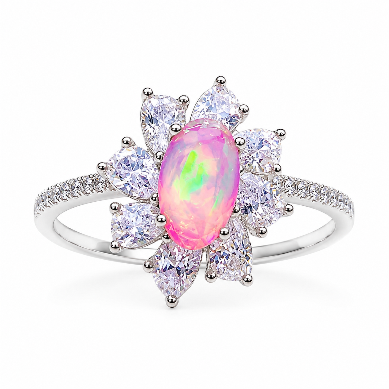 Pink Fire Opal Cluster Ring 5x8mm, Natural Pink Fire Opal Ring 925 Sterling