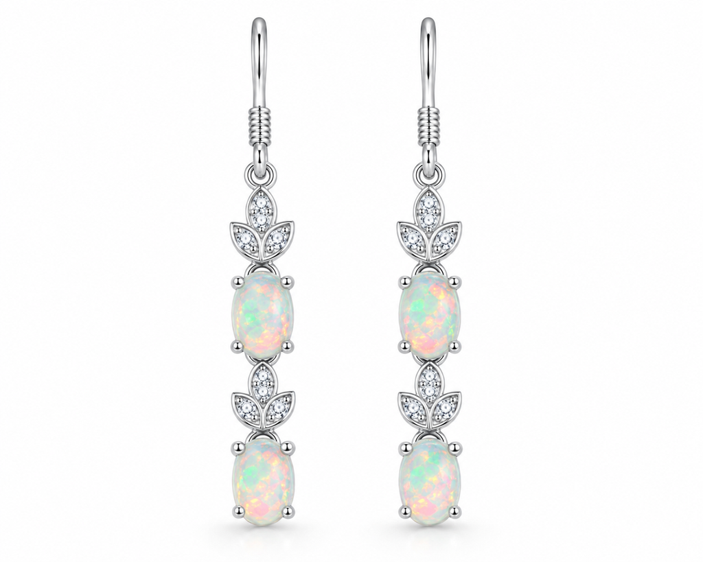 Natural Fire Opal Dangle Earrings, Colorful Fire Opal Earrings 4x6mm Sterling