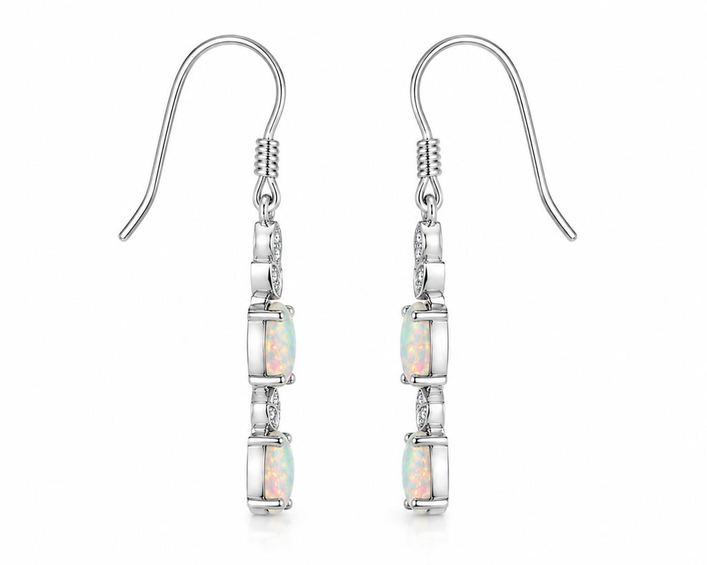 Natural Fire Opal Dangle Earrings, Colorful Fire Opal Earrings 4x6mm Sterling