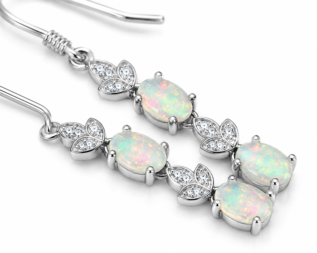 Natural Fire Opal Dangle Earrings, Colorful Fire Opal Earrings 4x6mm Sterling