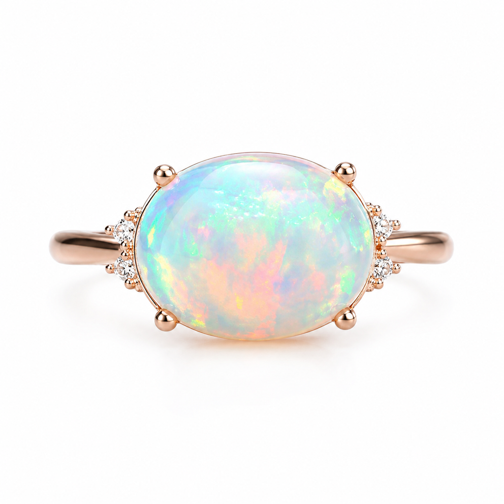 Horizontal White Fire Opal Gemstone Ring 925 Sterling Silver