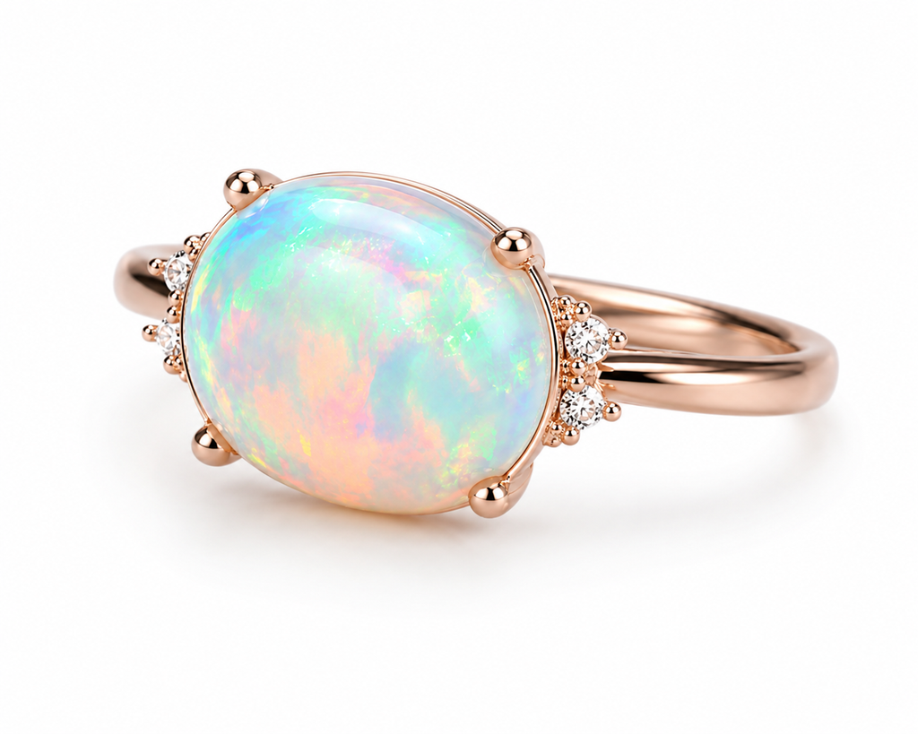 Horizontal White Fire Opal Gemstone Ring 925 Sterling Silver