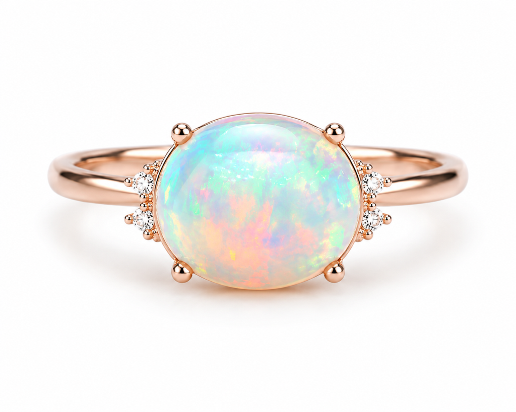 Horizontal White Fire Opal Gemstone Ring 925 Sterling Silver