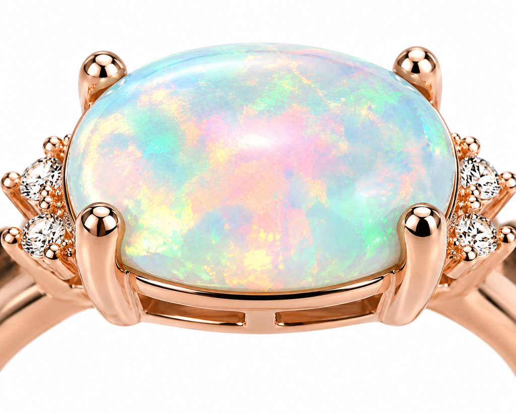 Horizontal White Fire Opal Gemstone Ring 925 Sterling Silver