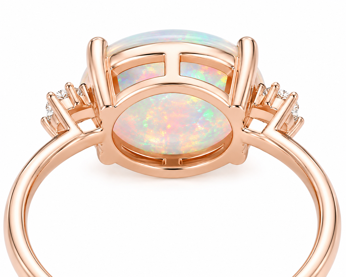 Horizontal White Fire Opal Gemstone Ring 925 Sterling Silver