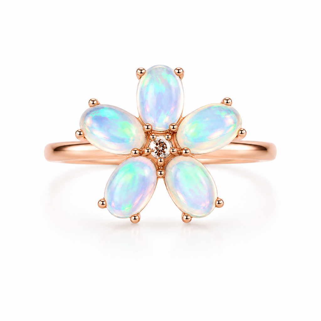 Australian Fire Opal Flower Ring 4x6mm 925 Sterling Silver