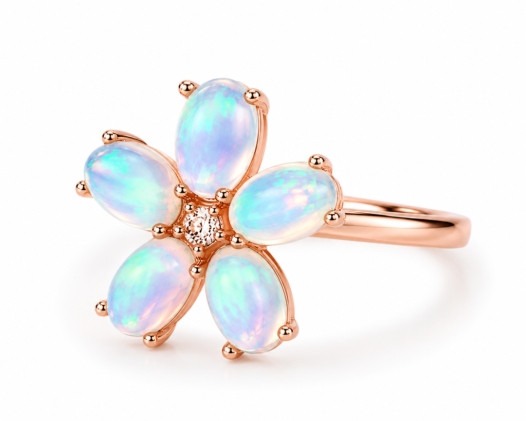 Australian Fire Opal Flower Ring 4x6mm 925 Sterling Silver