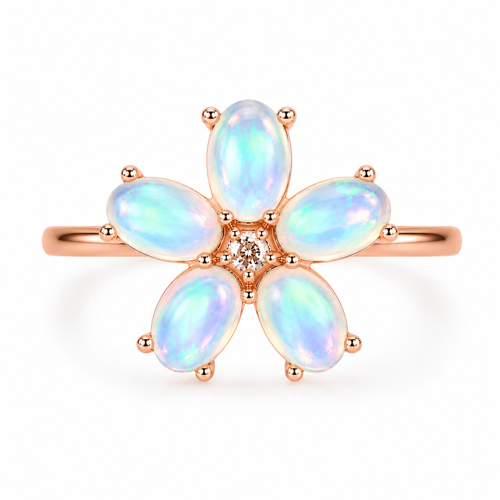 Australian Fire Opal Flower Ring 4x6mm 925 Sterling Silver