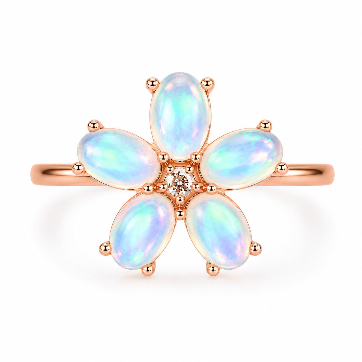 Australian Fire Opal Flower Ring 4x6mm 925 Sterling Silver