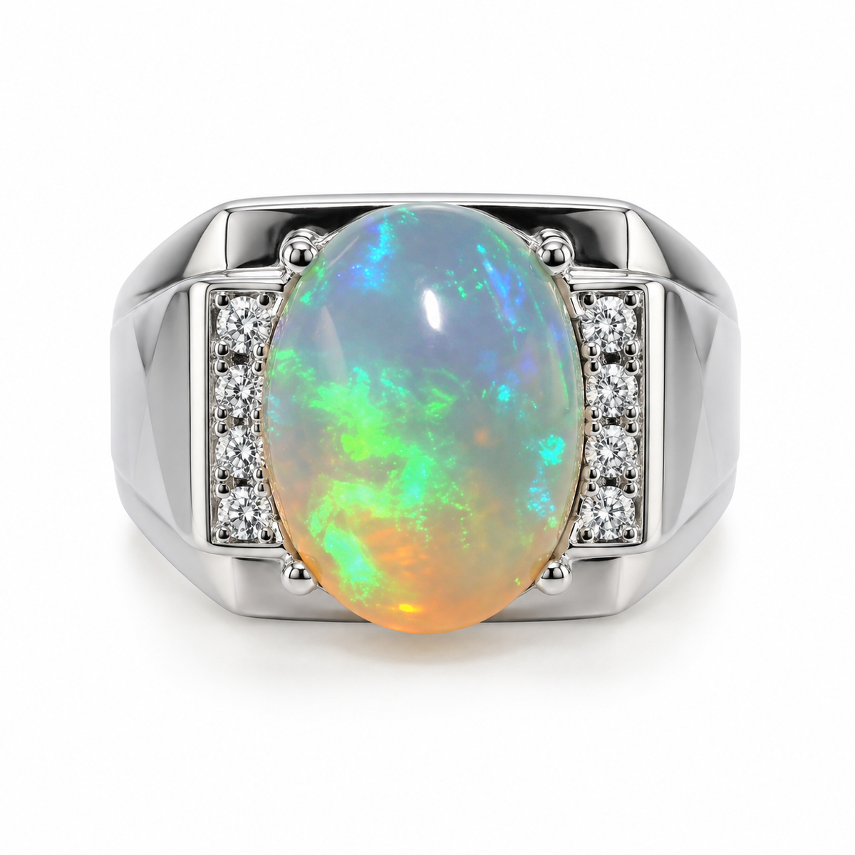 Men's Fire Opal Ring 10x14mm, Natural Opal Men's Ring 925 Sterling Silver
