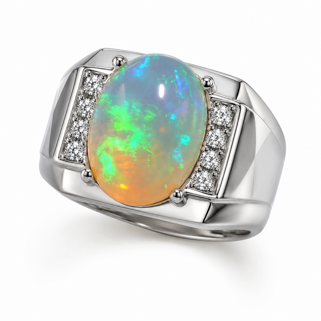 Men's Fire Opal Ring 10x14mm, Natural Opal Men's Ring 925 Sterling Silver